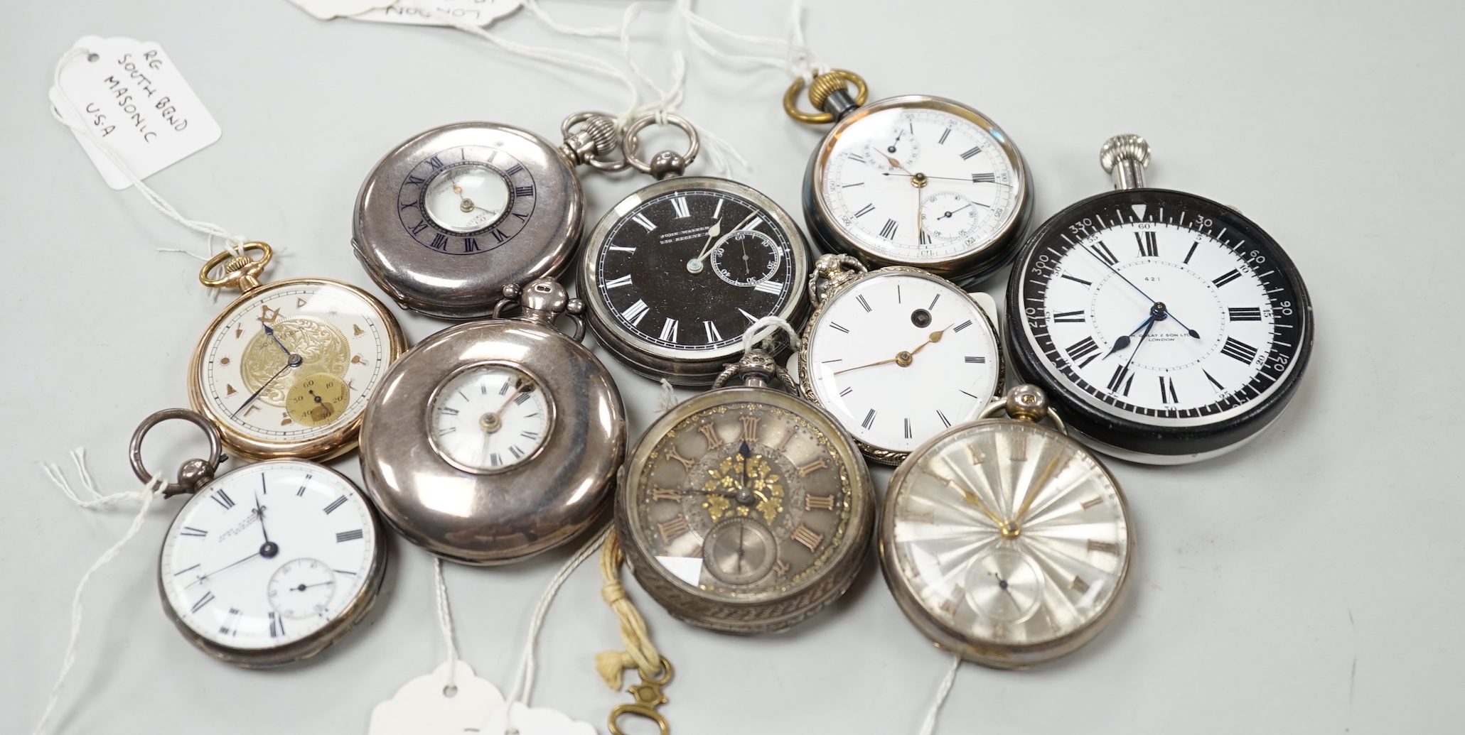 Ten assorted silver or base metal pocket watches including John Walker black dial and a deck watch by H. Golay & Son.